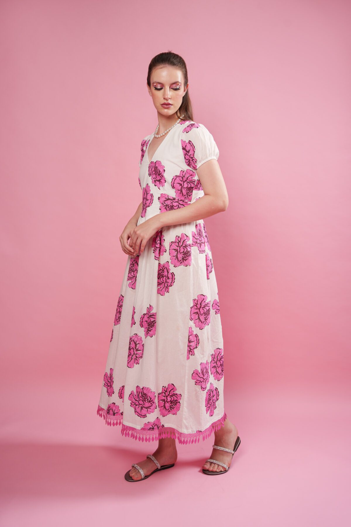 Rosina Dress rightside, model looking down