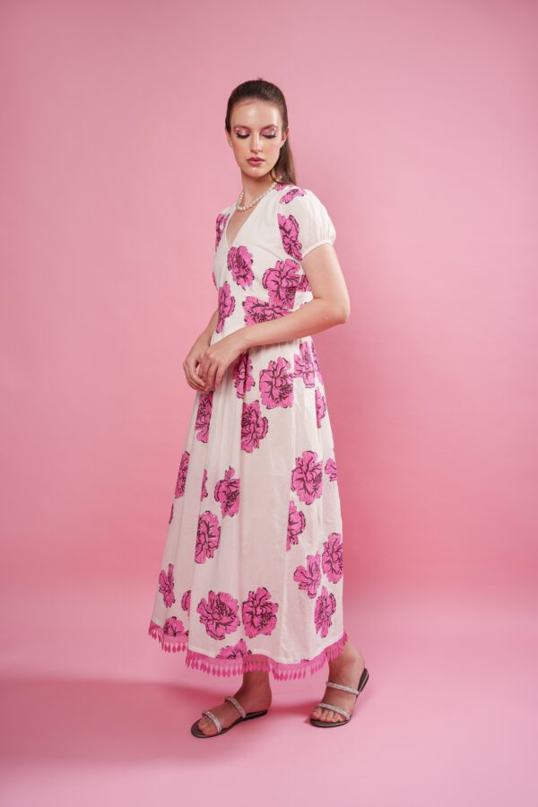 Rosina Dress rightside, model looking down