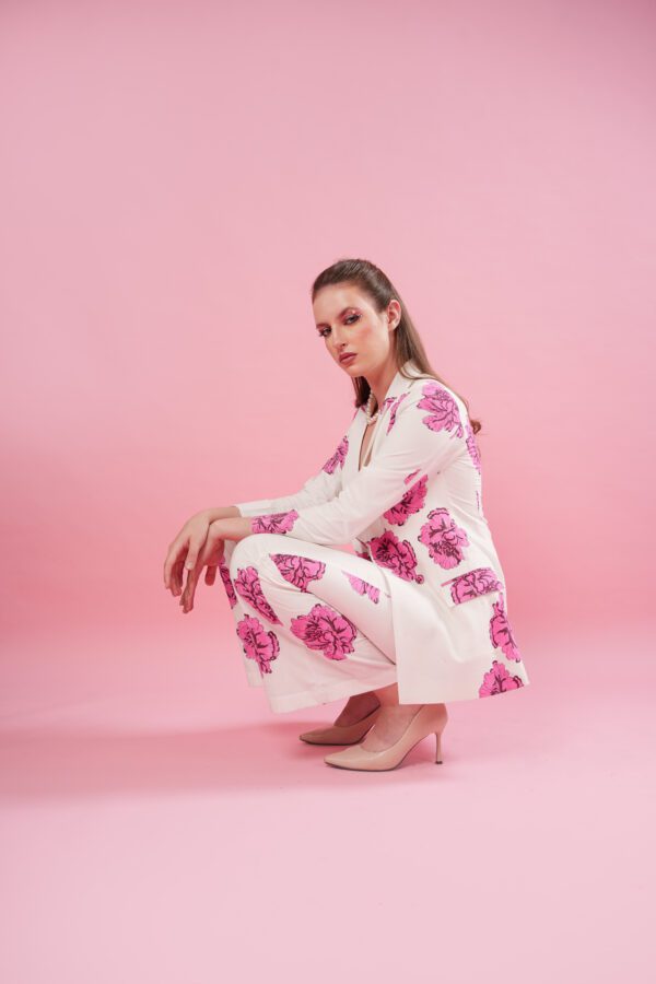 blush set model sitting down