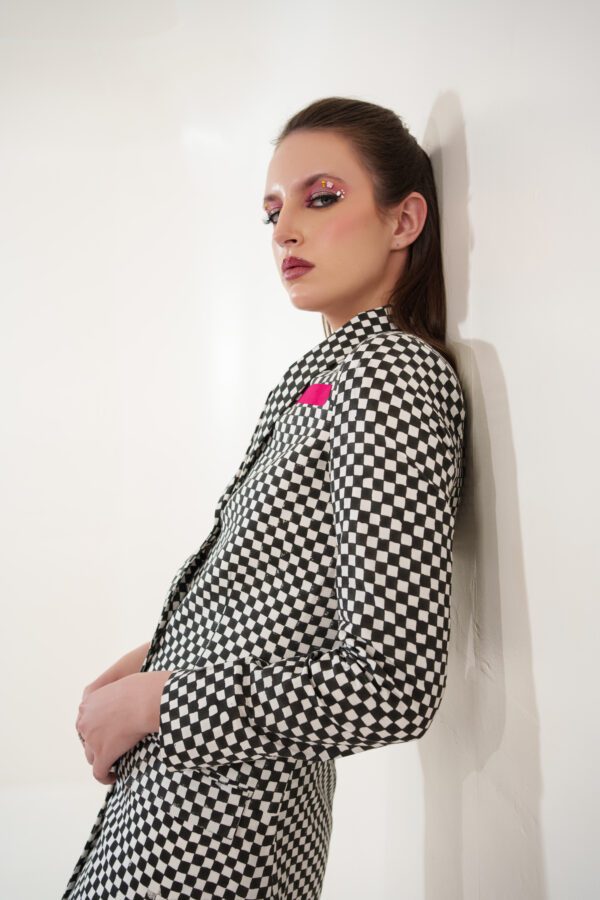 classic dress model leaning and closer look at the top