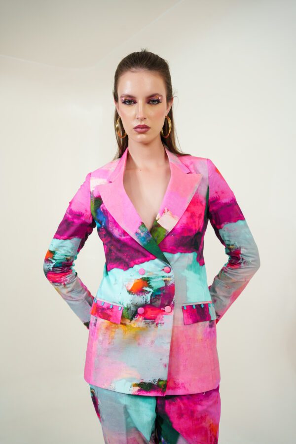 canvas set blazer. model's hands on the side