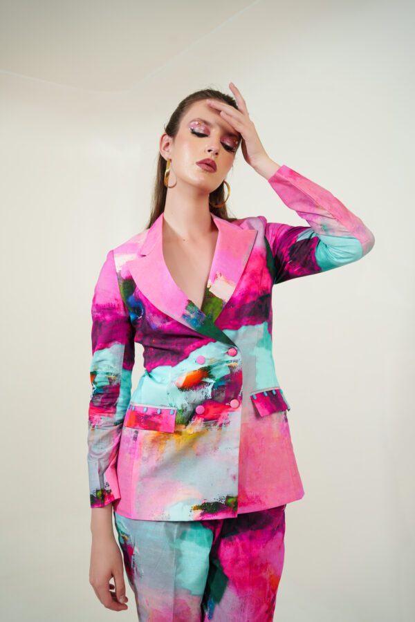 canvas set blazer, model's hand on head